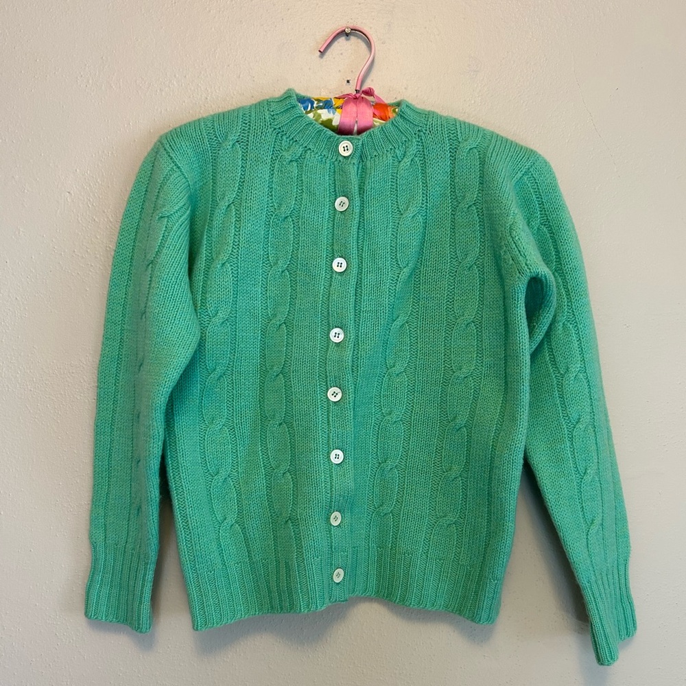 Vintage Midcentury Ladybug Virgin Wool Mint Green Cable Knit Cardigan Sweater